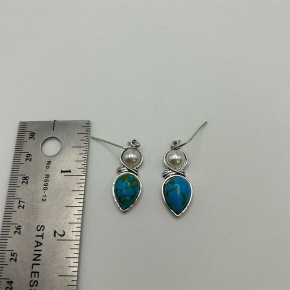 Small Dainty Faux Blue Turquoise & Faux Pearl Teardrop Dangle Earrings - Picture 7 of 8
